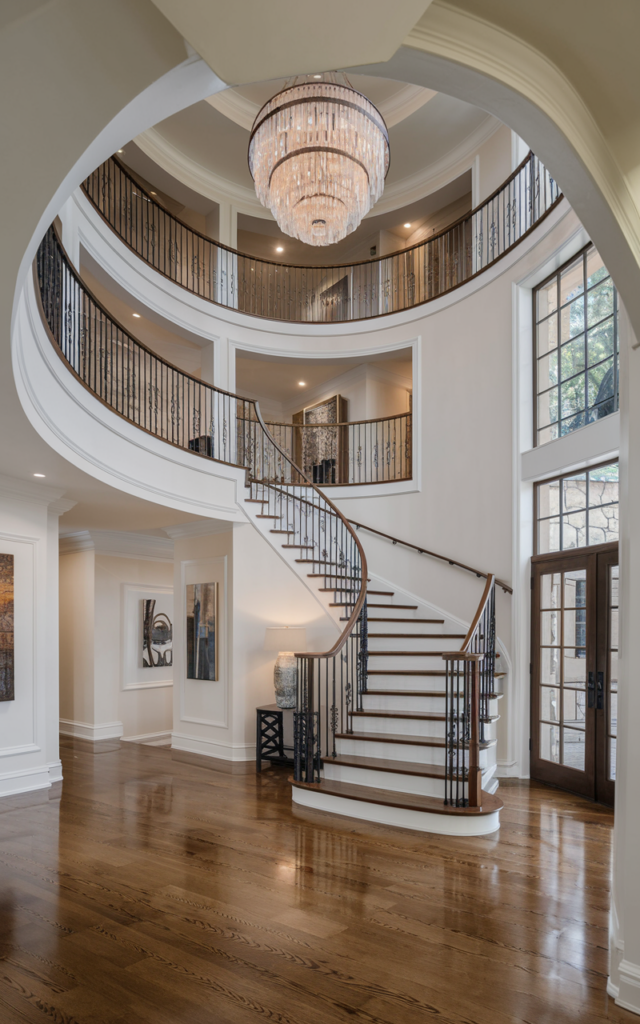 An elegant and natural-looking realistic photograph of a dramatic double-height foyer with a grand circular staircase rising toward the second floor beneath a large chandelier and open balcony railings decorated in luxury transitional interior style with natural lighting