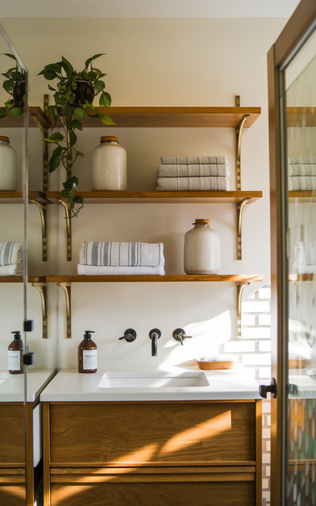An elegant and natural-looking realistic photograph of a bathroom with open wooden shelves neatly styled with folded towels, ceramic jars, and a small plant above a simple vanity decorated in mid-century modern style with natural lighting