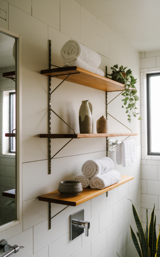 An elegant and natural-looking realistic photograph of a bathroom wall with open wooden shelves styled with rolled towels, ceramic decor, and a small plant decorated in mid century modern style with natural lighting