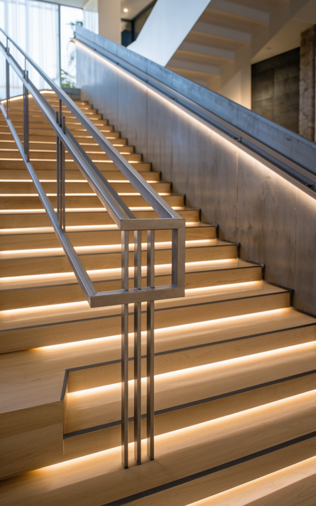 An elegant and natural-looking realistic photograph of a staircase with sleek railing featuring hidden LED channels underneath the handrail, creating a continuous glowing line tracing the staircase upward along wood and metal steps, decorated in modern architectural home decor style with natural lighting