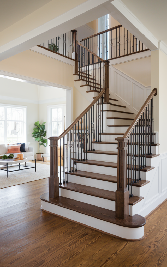 An elegant and natural-looking photograph of a staircase with rich espresso-stained treads contrasted by crisp white risers and black iron balusters in a bright entryway decorated in modern farmhouse style with natural lighting