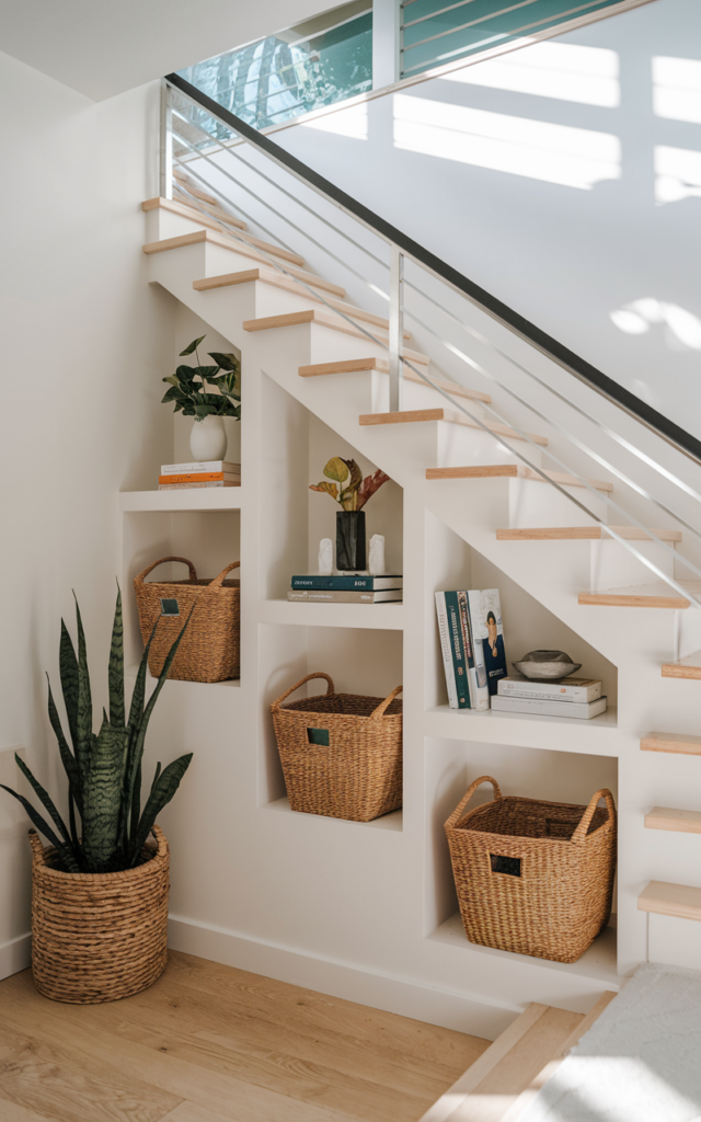 An elegant and natural-looking realistic photograph of geometric open display cubbies built under a staircase, featuring square and rectangular shelves styled with woven baskets, books, plants, and small decorative objects integrated into the stair wall decorated in contemporary modern decor style with natural lighting
