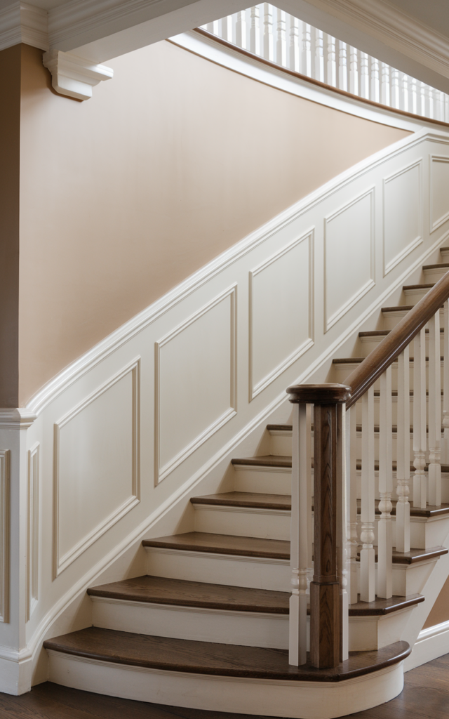 An elegant and natural-looking realistic photograph of a staircase wall featuring classic wainscoting panels running along the staircase with white trim and a soft neutral upper wall beside a wooden staircase with a traditional railing decorated in traditional home decor style with natural lighting