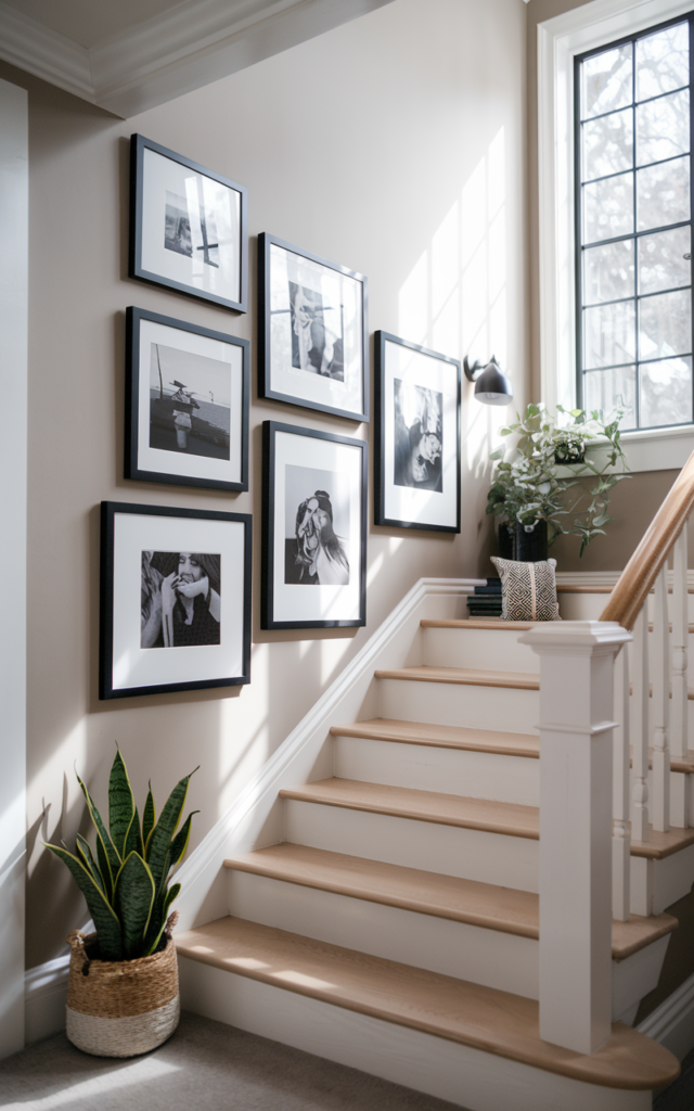 An elegant and natural-looking realistic photograph of a staircase wall styled with a cohesive gallery wall of black and white framed photographs arranged along the stair angle above light wood steps decorated in transitional home decor style with natural lighting