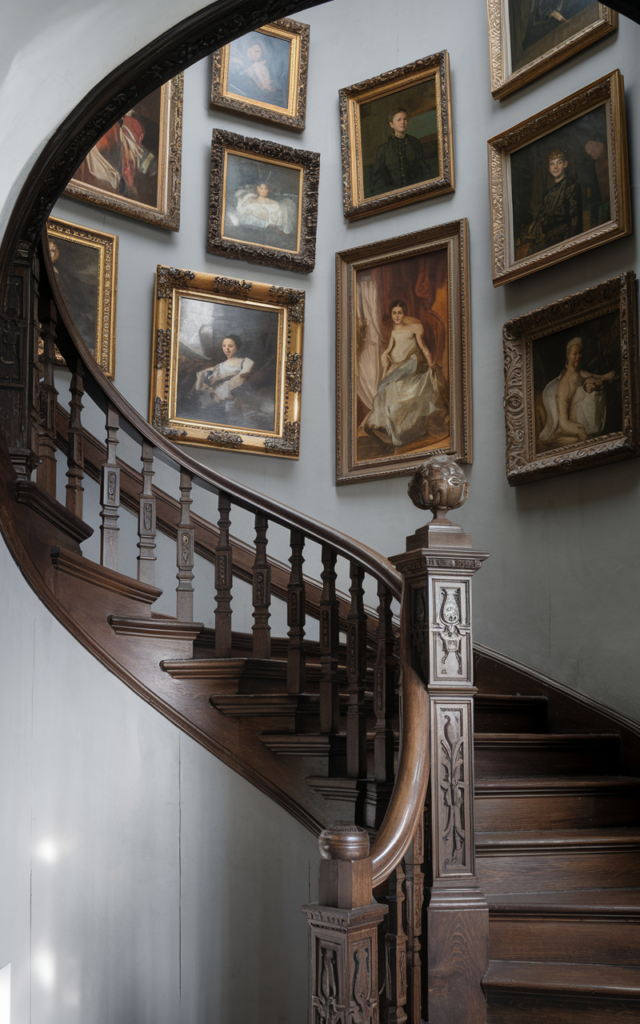 An elegant and natural-looking realistic photograph of a staircase gallery wall filled with antique portraits in ornate gilded frames arranged organically along a curved stairwell with dark wooden railing decorated in vintage Victorian style with natural lighting