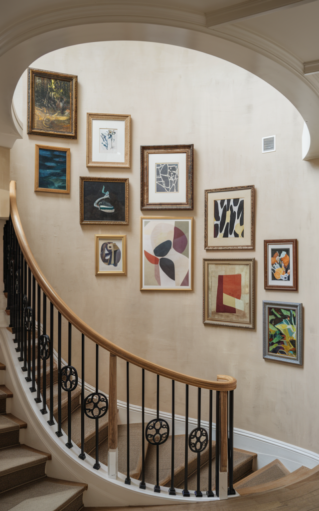 An elegant and natural-looking realistic photograph of a curved staircase foyer featuring a gallery wall that climbs along the railing with mixed-size framed artwork arranged in a gentle arc decorated in eclectic modern style with natural lighting
