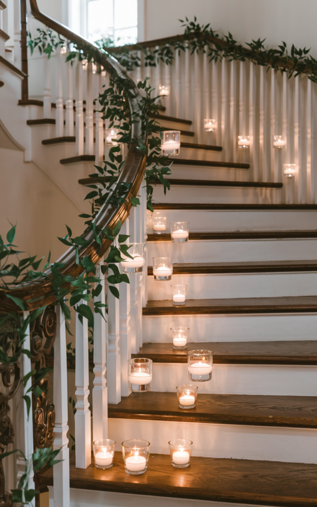 An elegant and natural-looking realistic photograph of a wedding staircase featuring floating glass candle holders attached along the railing posts with glowing LED candles creating a sparkling illuminated pathway decorated in glamorous ballroom wedding style with natural lighting