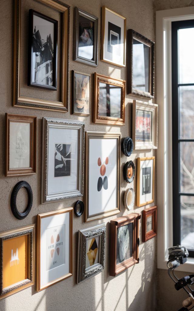 An elegant and natural-looking realistic photograph of an entrance wall filled with a curated gallery of photo frames and art prints arranged organically decorated in eclectic style with natural lighting