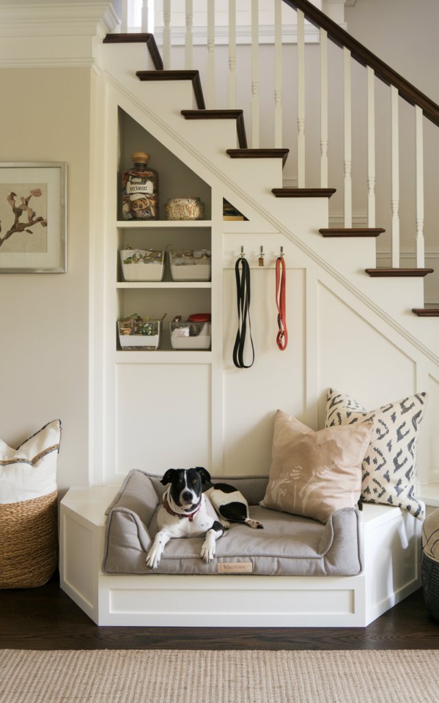 An elegant and natural-looking realistic photograph of an under-stair pet haven with a built-in dog bed, storage cabinets for food and leashes, and soft cushions, decorated in cozy contemporary style with natural lighting