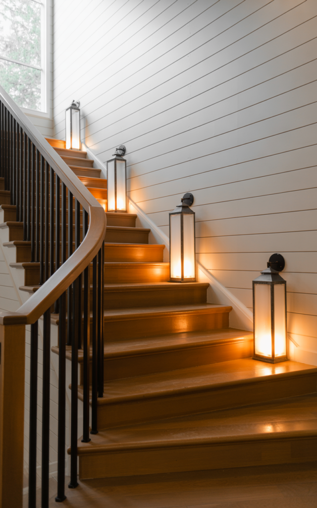 An elegant and natural-looking photograph of a staircase illuminated by oversized matte black metal lantern sconces mounted along a white wall, complemented by warm wood treads and black balusters decorated in modern farmhouse style with natural lighting