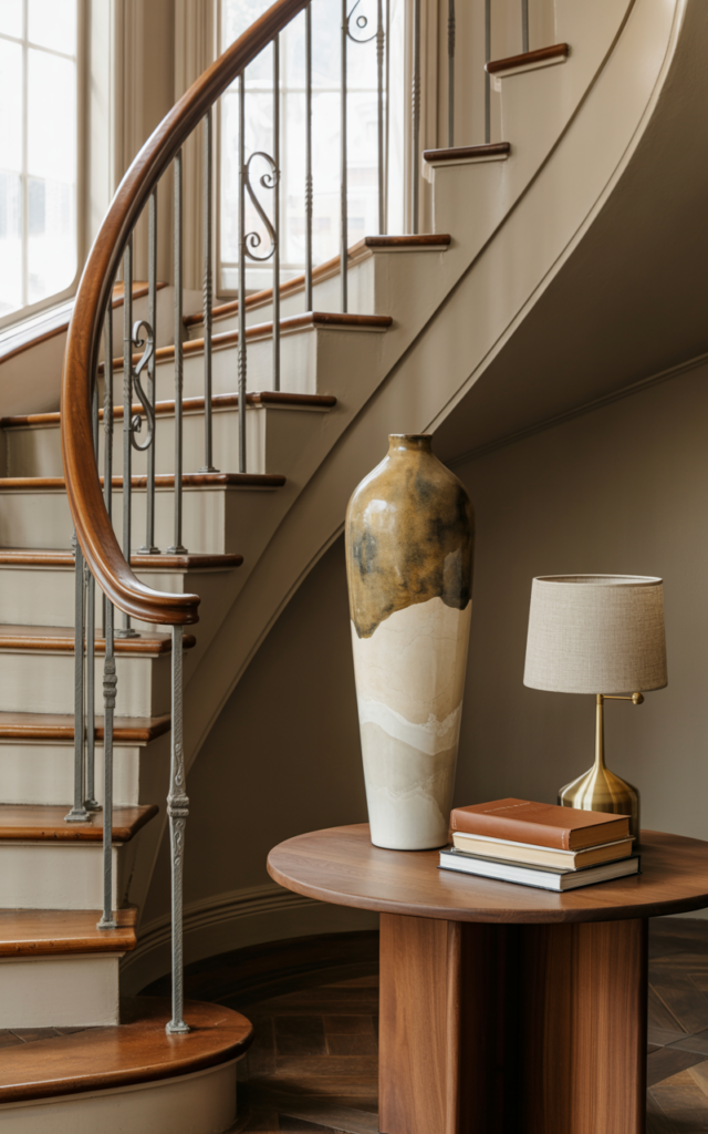 An elegant and natural-looking realistic photograph of a curved staircase foyer styled with a round entry table beneath the curve, topped with a sculptural vase, stacked books, and a small lamp decorated in transitional style with natural lighting