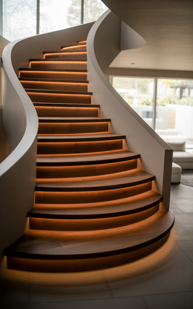 An elegant and natural-looking realistic photograph of a circular staircase with warm wooden steps and subtle LED strip lighting installed beneath each tread creating a soft glowing spiral pathway in a contemporary home interior decorated in modern ambient design style with natural lighting