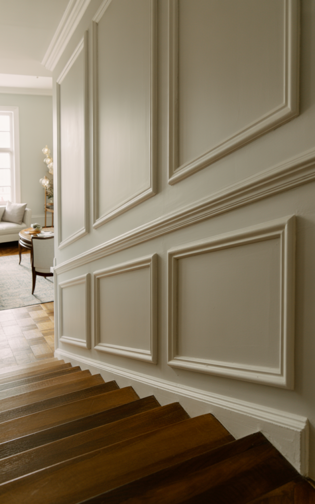 An elegant and natural-looking realistic photograph of a staircase wall with decorative panel molding installed from the baseboard up to the handrail height with large rectangular panels and a clean upper wall beside a wooden staircase decorated in transitional home decor style with natural lighting