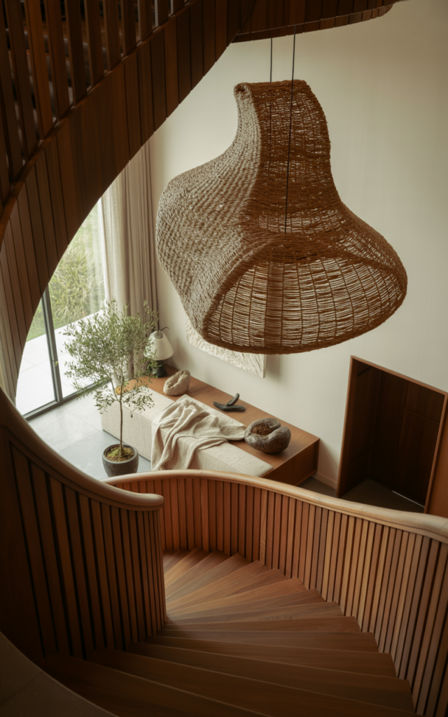 An elegant and natural-looking realistic photograph of a staircase landing featuring a large oversized pendant light suspended above the landing area, creating a striking focal point over a curved staircase with wooden railings, decorated in contemporary organic home decor style with natural lighting