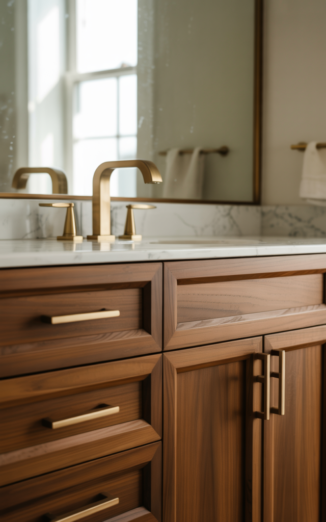 An elegant and natural-looking realistic photograph of a bathroom vanity with brushed brass faucet, drawer pulls, and matching fixtures paired with a wooden vanity decorated in mid century modern style with natural lighting