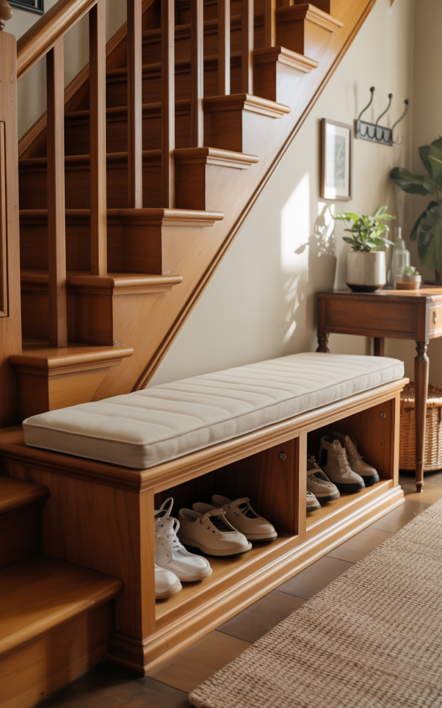 An elegant and natural-looking realistic photograph of a built-in under-stair storage bench with lift-up compartments, soft upholstered cushion seating placed near an entryway with hidden storage for shoes and bags beneath wooden staircase steps decorated in cozy transitional home decor style with natural lighting
