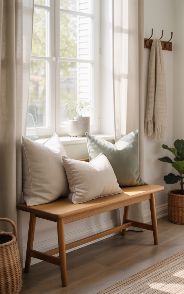An elegant and natural-looking realistic photograph of a welcoming entryway with a cushioned wooden bench and soft throw pillows creating a cozy seating spot decorated in Scandinavian style with natural lighting