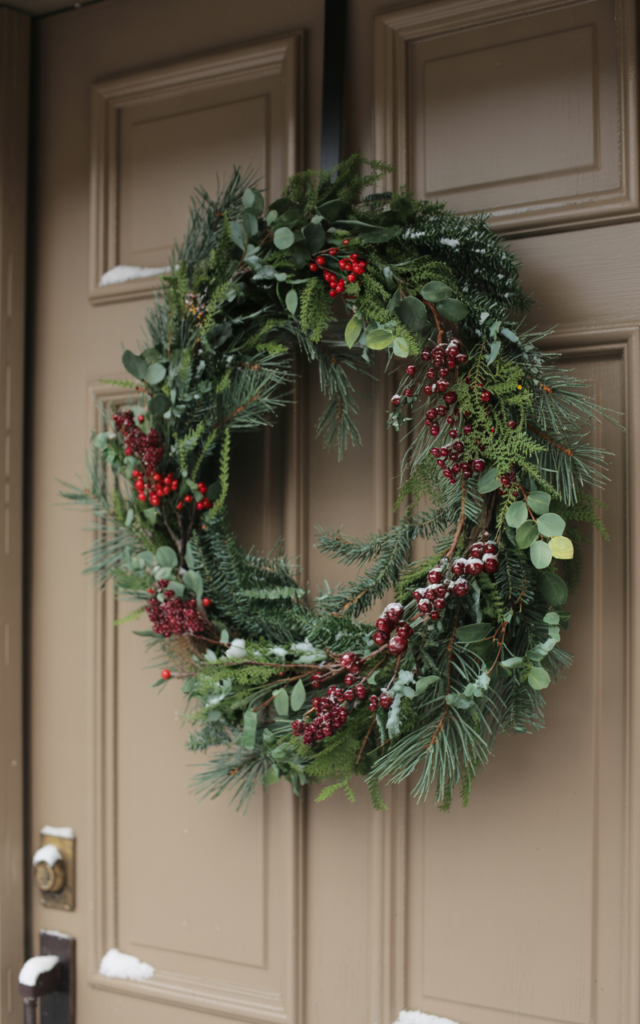 An elegant and natural-looking realistic photograph of a winter front door styled with a lush green wreath filled with clusters of red and burgundy berries creating a vibrant contrast on a neutral door decorated in classic seasonal style with natural lighting