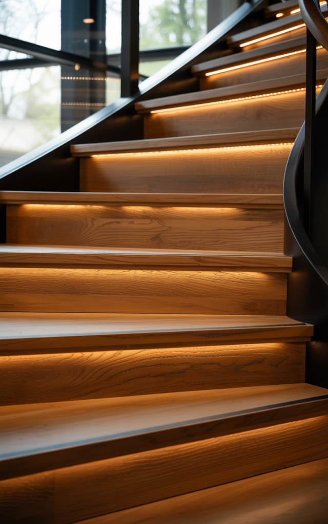 An elegant and natural-looking realistic photograph of an oak staircase with subtle LED strip lighting installed beneath each tread casting a warm glow on the wood grain decorated in contemporary luxury style with natural lighting
