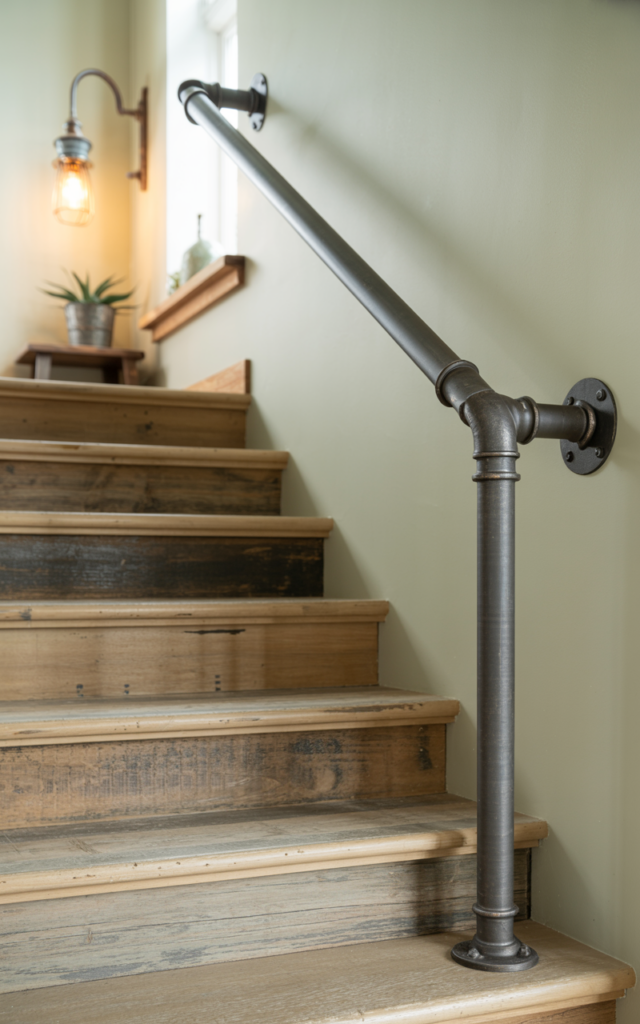 An elegant and natural-looking realistic photograph of a staircase featuring an industrial black iron pipe handrail with visible elbow joints and metal brackets mounted along a neutral wall beside rustic wooden steps decorated in industrial farmhouse home decor style with natural lighting