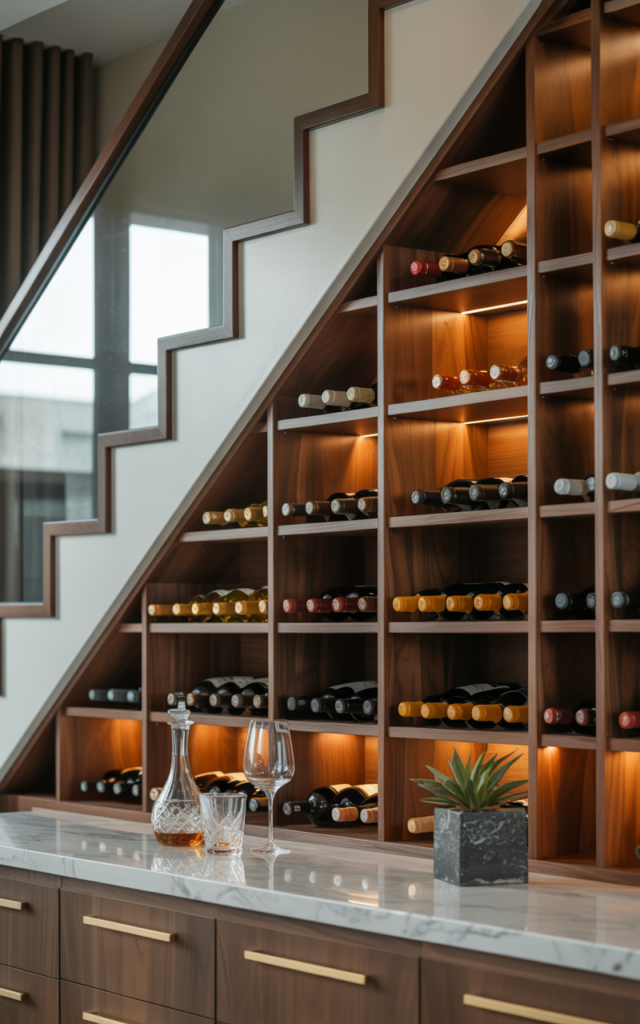 An elegant and natural-looking realistic photograph of an under-stair statement wine display with custom angled cubbies, backlit shelves and a small countertop for styling, decorated in modern luxe style with natural lighting