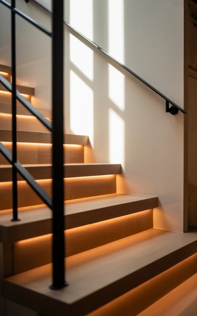 An elegant and natural-looking realistic photograph of a staircase with subtle under-stair LED strip lighting beneath each tread creating a soft warm glow along a neutral wall decorated in modern luxury style with natural lighting