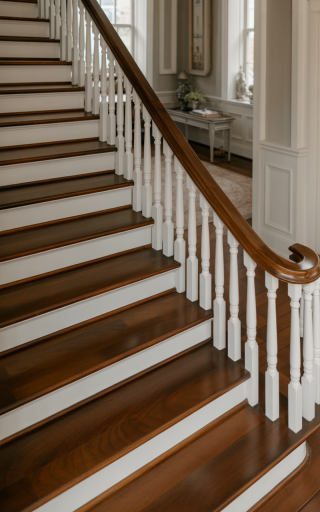 An elegant and natural-looking realistic photograph of a staircase with rich dark walnut stained treads paired with crisp white risers and white balusters, subtle neutral hallway decor decorated in timeless traditional style with natural lighting