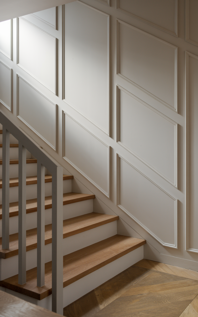 An elegant and natural-looking realistic photograph of a staircase wall featuring diagonal molding frames that mirror the slope of the staircase forming geometric panels along the wall beside wooden stair treads and a sleek railing decorated in contemporary architectural home decor style with natural lighting