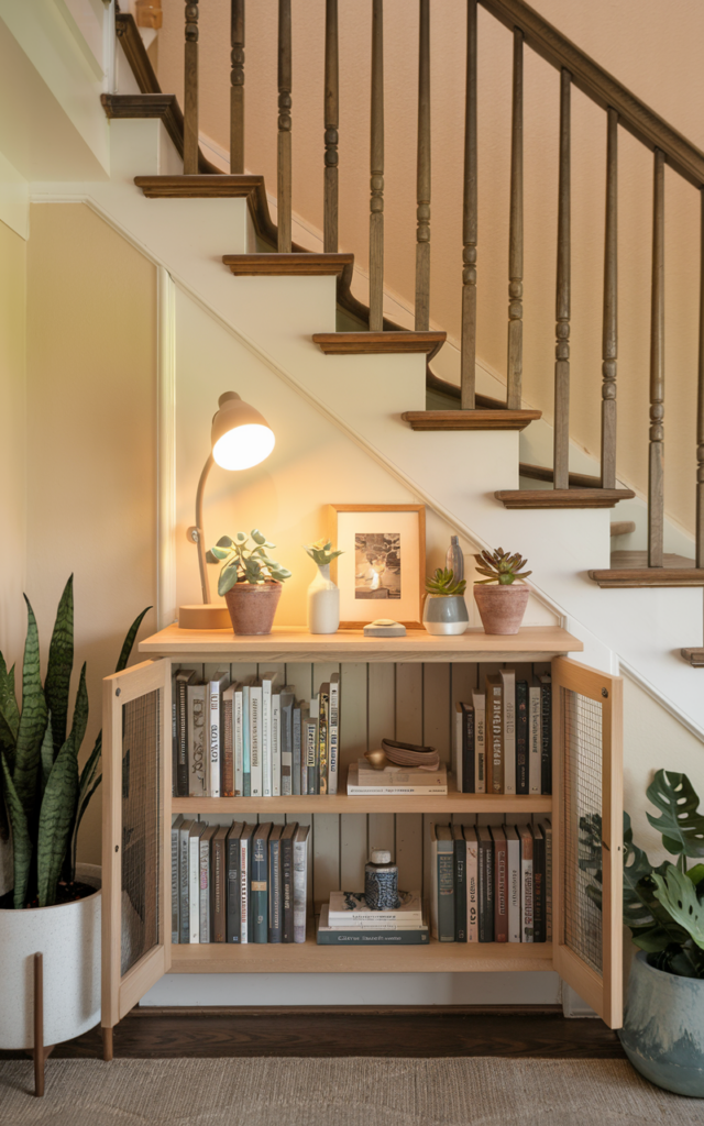 An elegant and natural-looking realistic photograph of an under-stair open bookcase following the staircase angle, filled with books, small potted plants, and a reading lamp creating a cozy mini library corner beneath wooden stairs decorated in warm modern farmhouse decor style with natural lighting