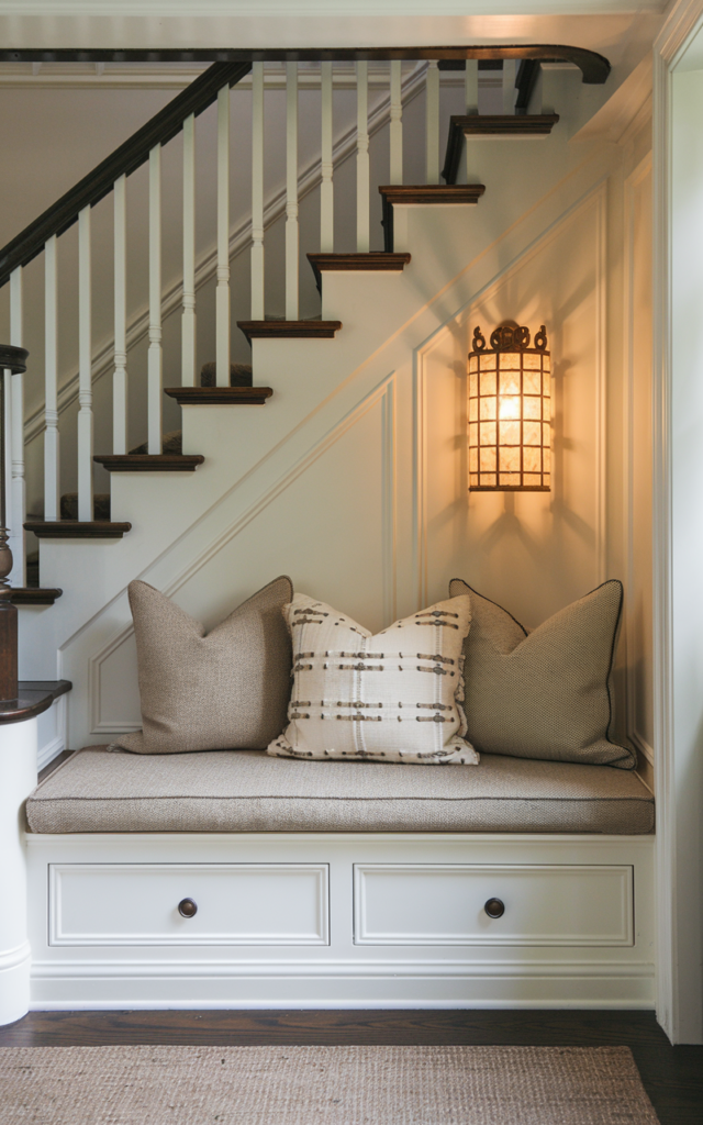An elegant and natural-looking realistic photograph of an under-stair cozy reading bench with built-in storage drawers, textured cushions and a warm wall sconce, decorated in transitional style with natural lighting