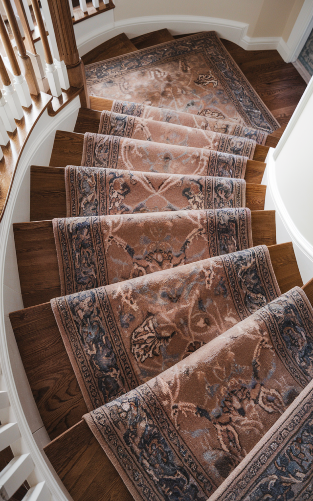 An elegant and natural-looking realistic photograph of a curved staircase foyer with a dramatic custom stair runner hugging the curve in muted Persian patterns over rich wooden steps decorated in timeless traditional style with natural lighting