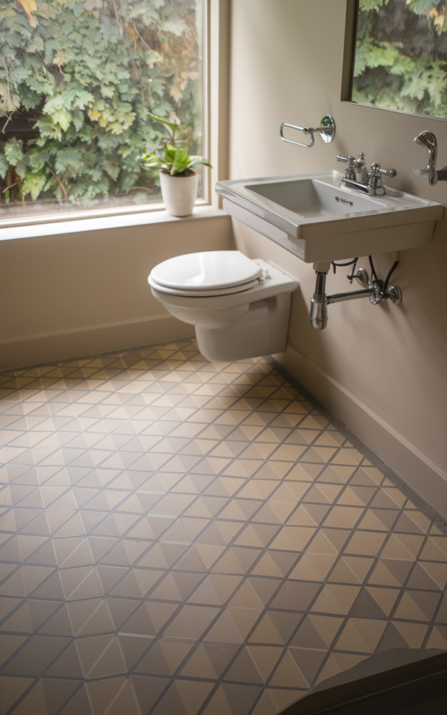 An elegant and natural-looking realistic photograph of a bathroom featuring subtle geometric patterned floor tiles in muted tones paired with simple fixtures decorated in mid century modern style with natural lighting