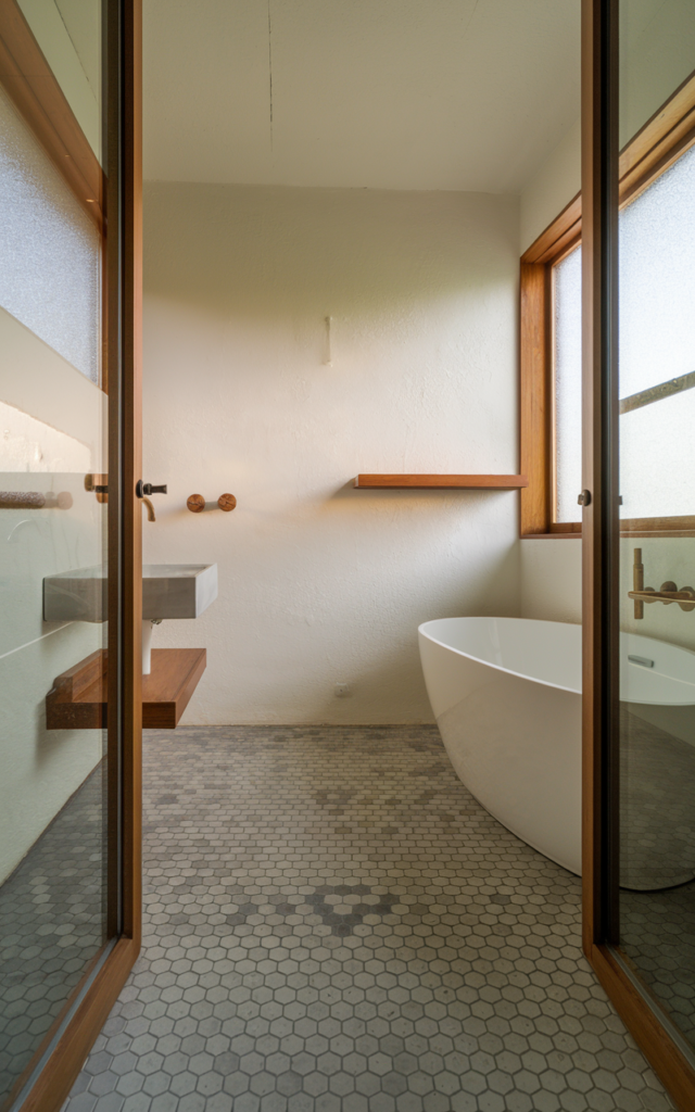 An elegant and natural-looking realistic photograph of a bathroom floor with subtle geometric patterned tiles such as hex or terrazzo, paired with minimal fixtures and warm wood accents decorated in mid-century modern style with natural lighting