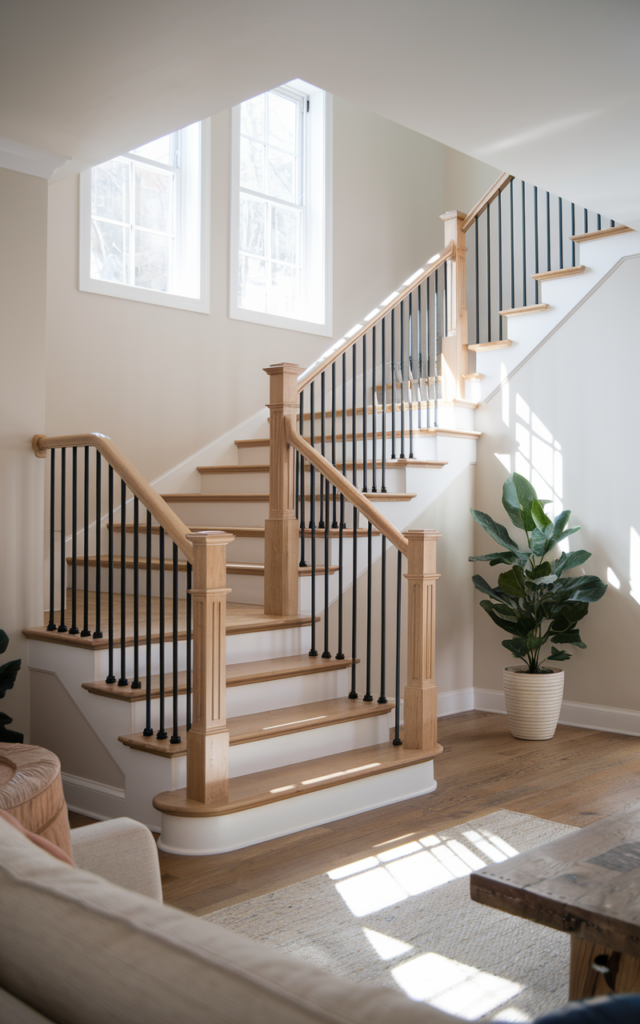 An elegant and natural-looking realistic photograph of an oak staircase with slim matte black metal balusters and natural wood handrail creating a striking material contrast decorated in modern farmhouse style with natural lighting