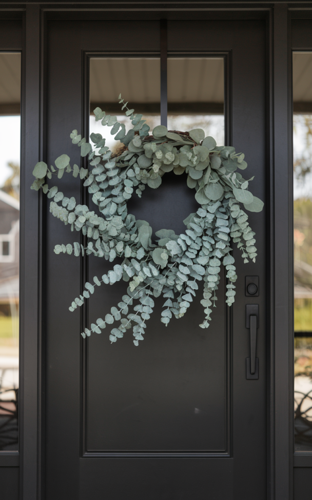 An elegant and natural-looking realistic photograph of a modern front door featuring a minimal eucalyptus wreath with airy grey-green leaves and clean lines on a matte black door decorated in modern minimalist style with natural lighting