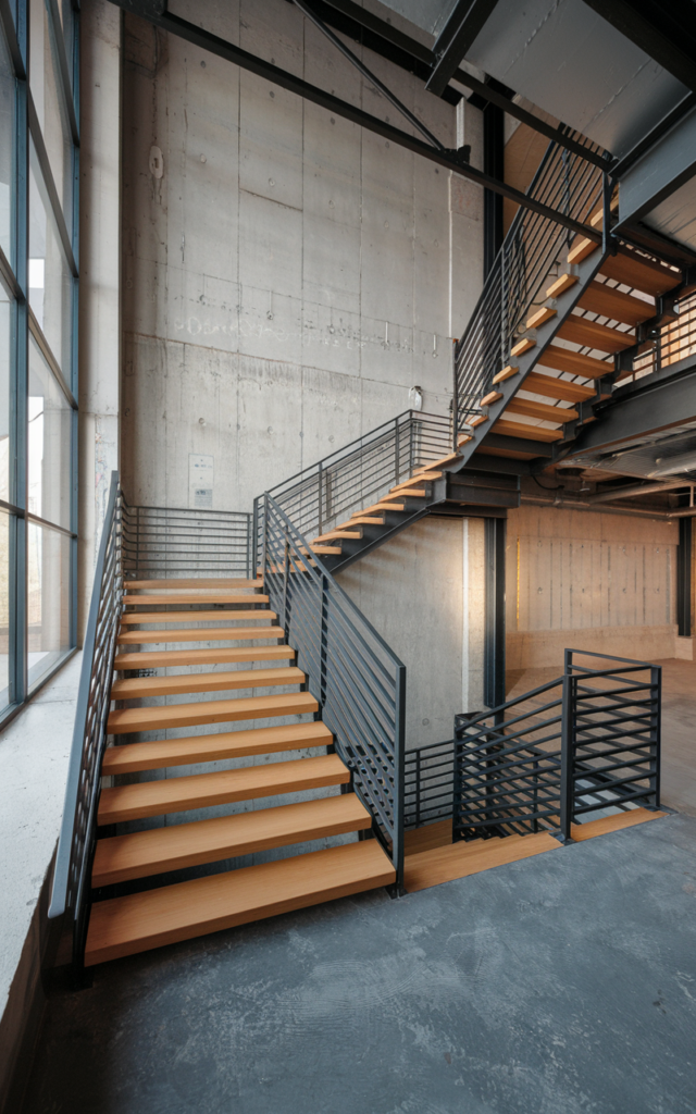 An elegant and natural-looking realistic photograph of a staircase featuring warm wooden treads paired with slim black metal railings and clean geometric lines decorated in modern industrial style with natural lighting