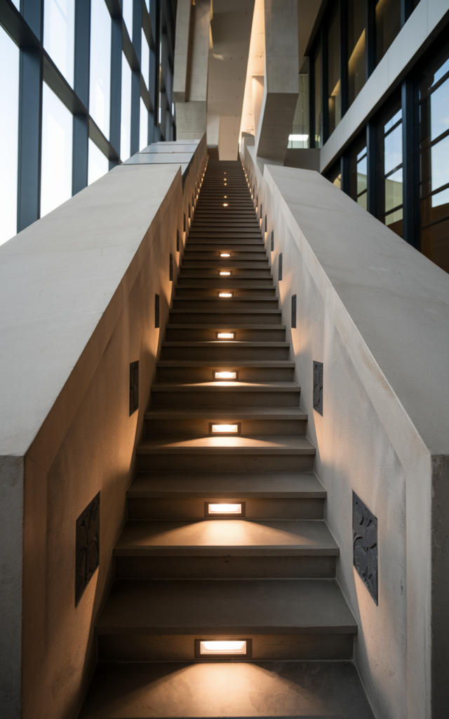 An elegant and natural-looking realistic photograph of a narrow staircase with recessed rectangular step lights embedded into the side wall, gently illuminating each stair tread and creating a soft guiding glow along the staircase, decorated in modern architectural interior style with natural lighting