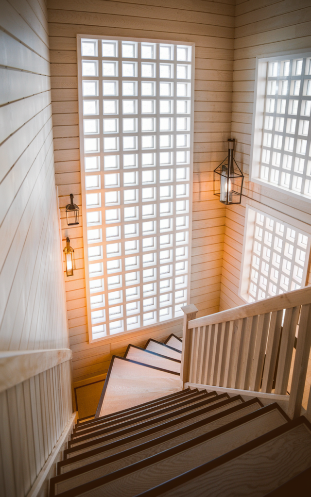 An elegant and natural-looking realistic photograph of a staircase wall designed with a grid of small square windows stacked vertically, evenly spaced with white frames and soft daylight filtering through decorated in Scandinavian style with natural lighting