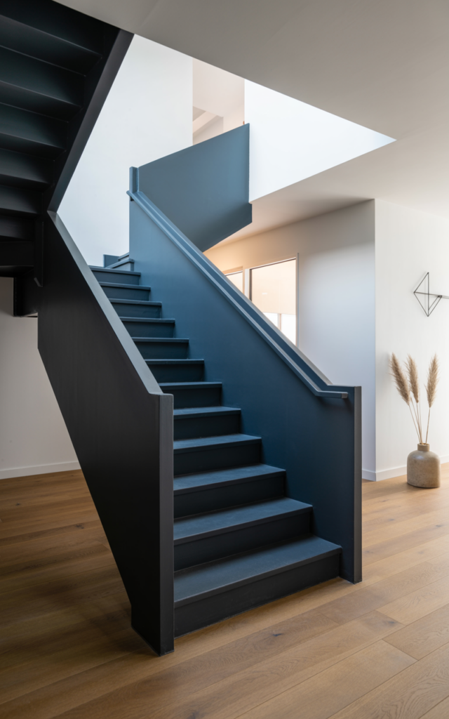 An elegant and natural-looking realistic photograph of a staircase painted in a bold matte charcoal color with sleek railings contrasting against bright white walls and light flooring decorated in modern contemporary style with natural lighting