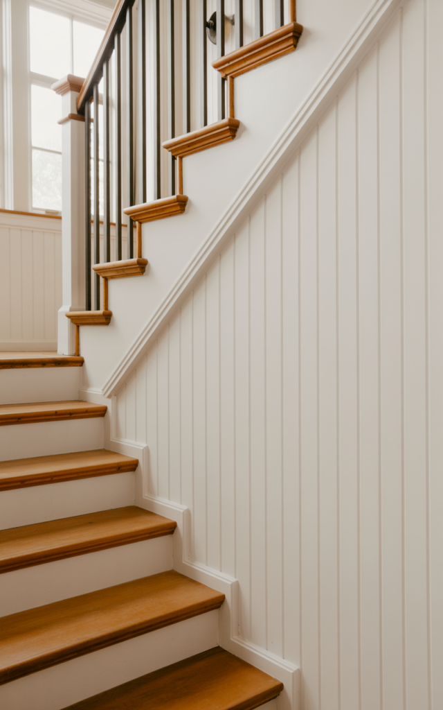 An elegant and natural-looking photograph of a staircase wall enhanced with white board and batten paneling running upward along the stairs, paired with light wood steps and black metal accents decorated in modern farmhouse style with natural lighting