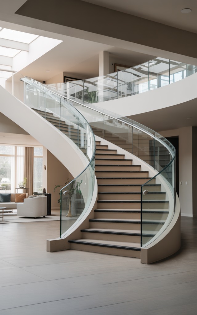 An elegant and natural-looking realistic photograph of a contemporary curved staircase foyer with a sleek ultra-clear glass balustrade and minimalist detailing that keeps the space open and airy decorated in modern minimalist style with natural lighting