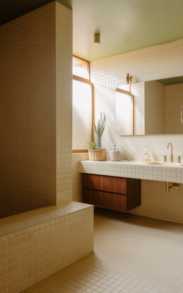 An elegant and natural-looking realistic photograph of a bathroom interior with warm neutral matte tiles in beige and soft taupe tones covering the walls and floors decorated in mid century modern style with natural lighting