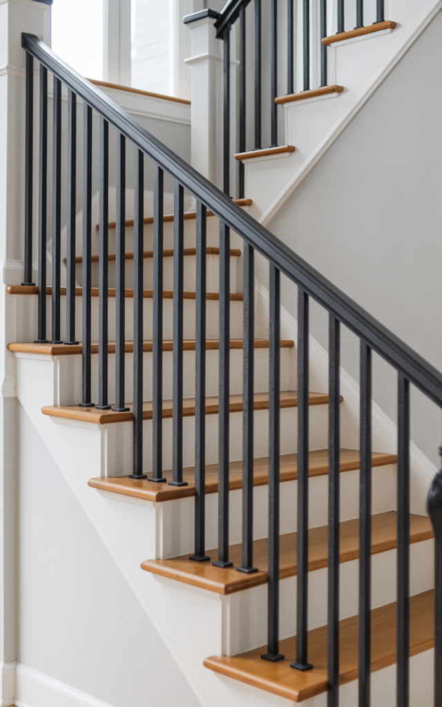 An elegant and natural-looking realistic photograph of an entryway staircase featuring slim matte black metal spindles replacing bulky wood balusters, light wood treads and crisp white trim decorated in modern minimalist style with natural lighting