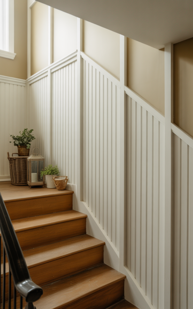 An elegant and natural-looking realistic photograph of a staircase wall with tall board and batten molding panels following the stair angle with crisp white battens against a soft beige wall beside a wooden staircase decorated in modern farmhouse home decor style with natural lighting