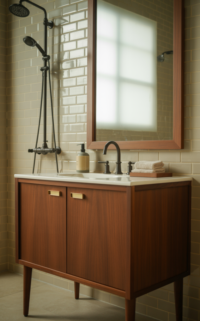 An elegant and natural-looking realistic photograph of a bathroom sink area with matte black faucet, shower fixtures, and towel bars paired with warm wood cabinetry and neutral tiles decorated in mid-century modern style with natural lighting