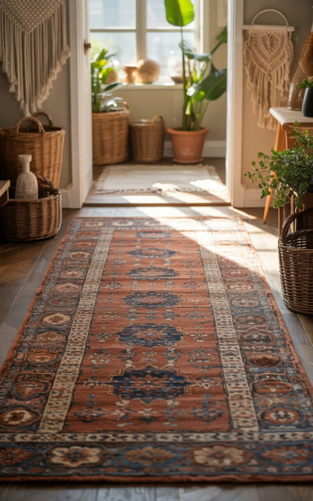 An elegant and natural-looking realistic photograph of an entryway with a textured runner rug and layered patterns adding warmth to the floor space decorated in bohemian style with natural lighting