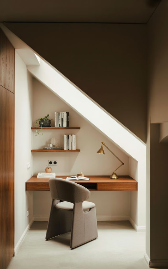 An elegant and natural-looking realistic photograph of a compact home office nook under the stairs with a floating desk, wall-mounted shelves, ergonomic chair and task lamp, decorated in light modern style with natural lighting