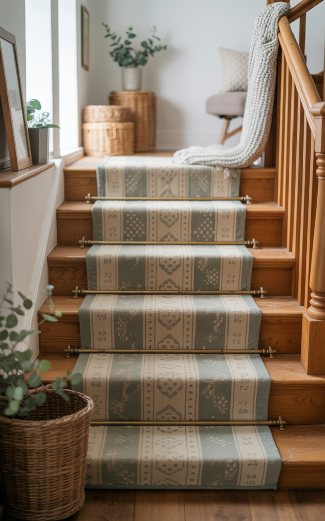 An elegant and natural-looking realistic photograph of a warm oak staircase featuring a vintage-inspired patterned stair runner with brass rods and cozy textures along the steps decorated in modern farmhouse style with natural lighting