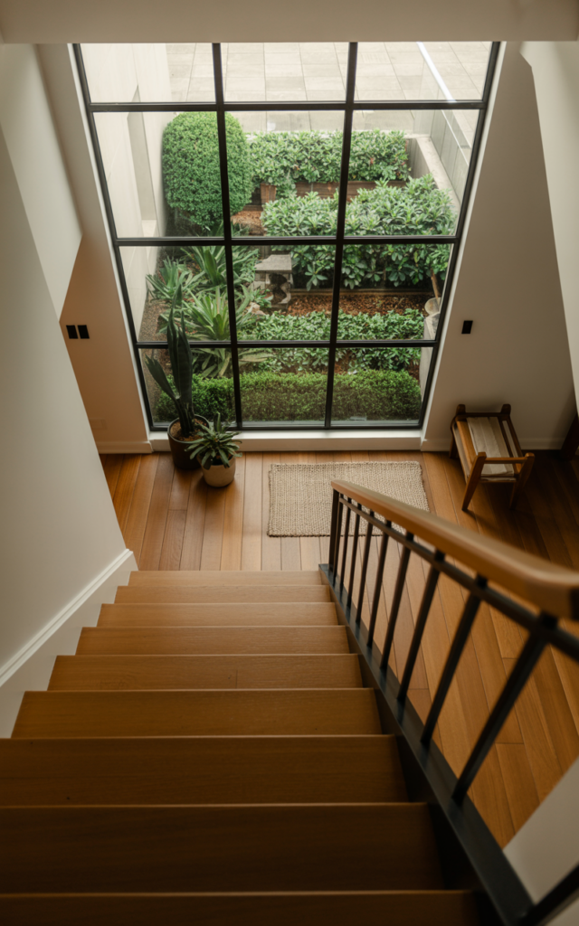An elegant and natural-looking realistic photograph of a staircase landing framed by a large picture window overlooking a landscaped garden, with thin black trim and wooden stairs decorated in transitional style with natural lighting