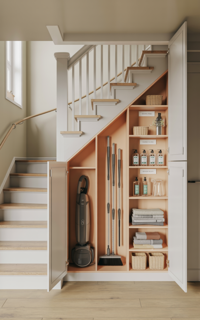 An elegant and natural-looking realistic photograph of a hidden under-stair cleaning supply closet with tall compartments for brooms and vacuum cleaners, small organized shelves holding cleaning bottles and baskets, concealed behind simple cabinet doors within the staircase wall decorated in functional Scandinavian home decor style with natural lighting
